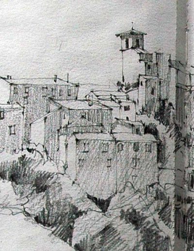 Black and white sketch from Mary's sketchbook of a village in Umbria.