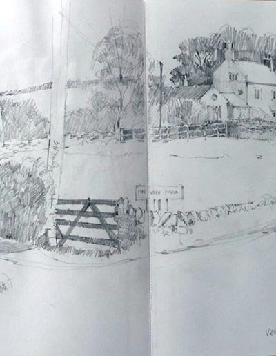 A mono pencil sketchbook drawing of Hope Farm, Derbyshire, showing the house, walled field with a rustic wooden gate.