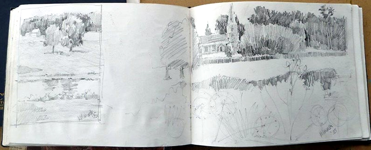 A mono pencil sketchbook spread drawing of Lamport Hall, surrounded by trees on the right.