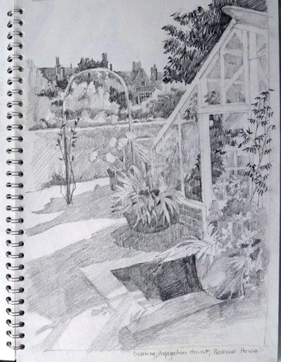 A mono pencil sketchbook drawing of the edge of the propagation house, at Peckover House. Showing an archway, potted plants and trees and houses in the background.