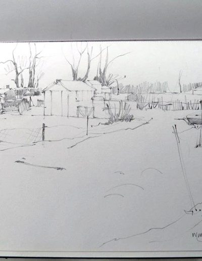 A minimal mono pencil sketchbook drawing of an allotment in Piedmont, Italy.