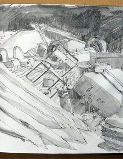 A mono pencil sketchbook drawing of a rubbish heap, consisting of fence posts, wheelbarrows, traffic cones and pallets.