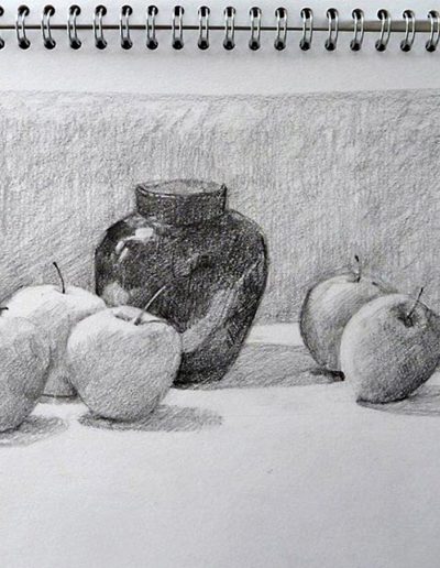 A mono pencil sketchbook drawing of five apples around a dark jar.