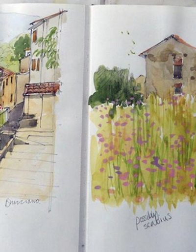 Sketchbook drawings, showing colourful locations in Umbria.
