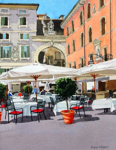 A watercolour painting of tables outside a restaurant in Piazza dei Signori, Verona.