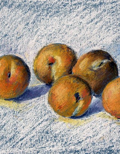 Pastel painting of 5 yellow plums.