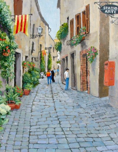 Oil on canvas painting of flowers lining the left of a cobbled alley, in Bolsena in Italy.