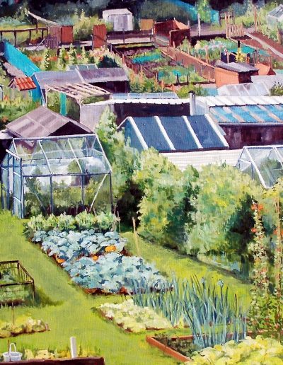 Oil on canvas painting of allotments, in North Yorkshire, with green houses, sheds and lush vegetation and vegetables.