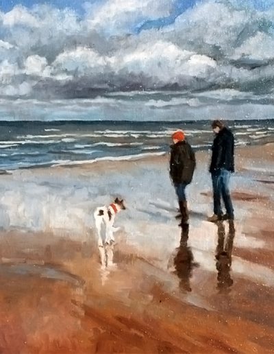 Oil on canvas painting at Holme Beach in Norfolk, of a couple walking their dog along the sand, close to the sea.