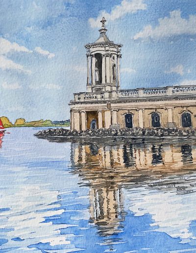 A watercolour paintin, at Rutland Water, of Normanton Church, which is reflected in the lake with a red siling boat passing near by.