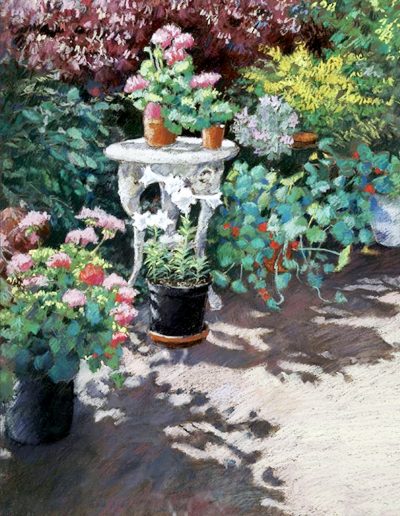 A pastel painting of a garden with flower pots, bushes, trees and a white table.
