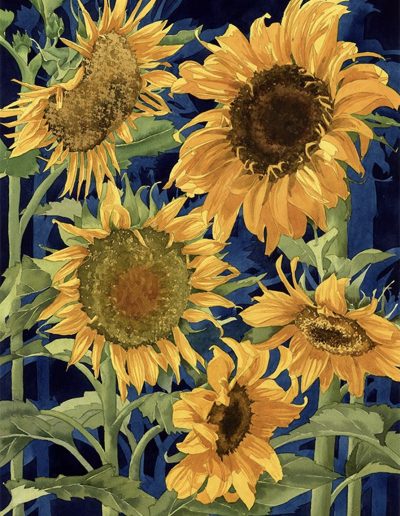 A watercolour painting of sunflowers, close up.