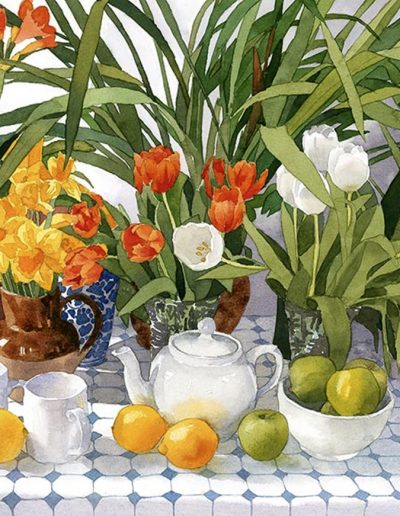 A watercolour still life of a table with flower pots, fruit and a white teapot.