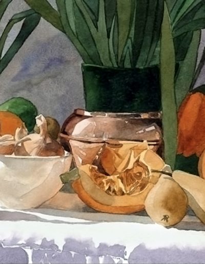 A watercolour still life painting, featuring pumpkins and onions.