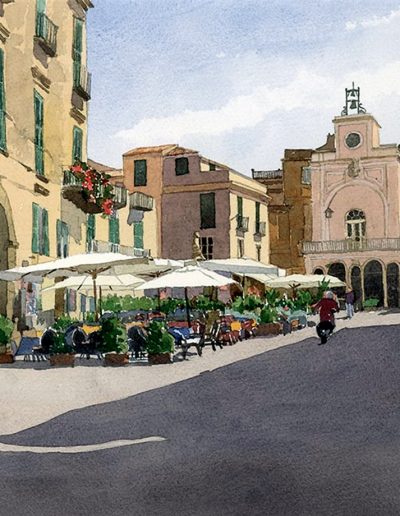 A watercolour painting of Pizzo town, Calabria, of restaurant tables in sunlight and a sweeping shadow across the road.