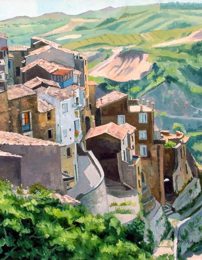 Oil on canvas painting of houses overlooking a valley in Badolato, Calabria.